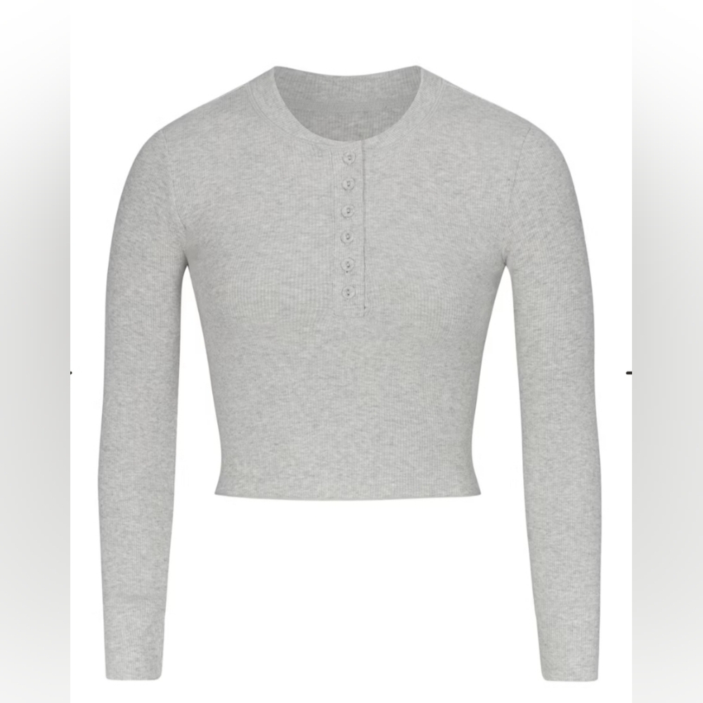 NWOT SKIMS Cotton Rib Long Sleeve Henley Crop Top Light Heather Grey 2X